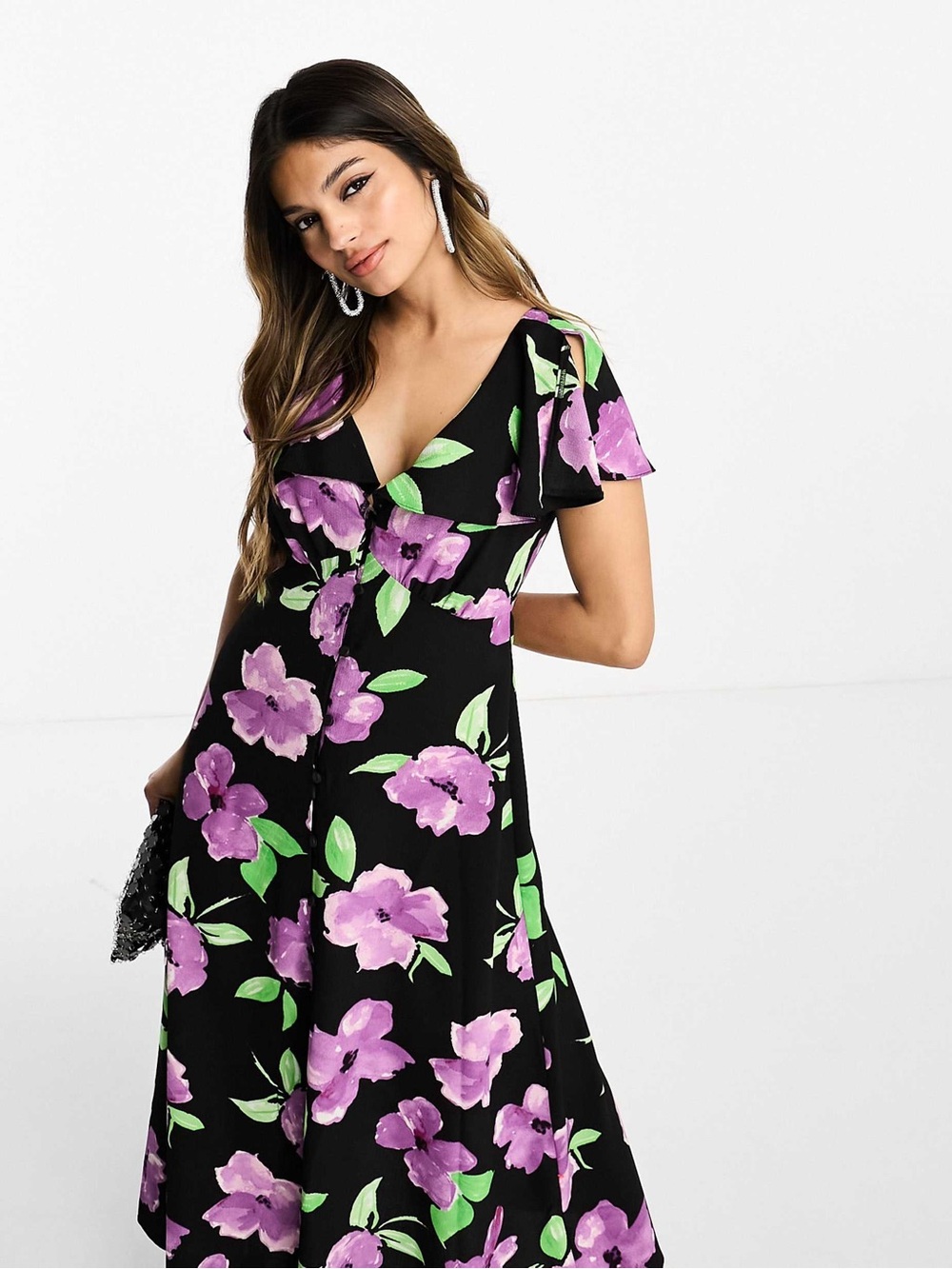 ASOS DESIGN flutter sleeve midi tea dress purple floral print Size 2